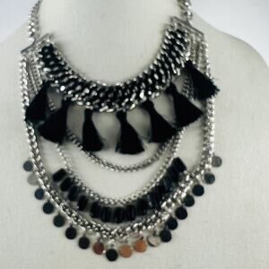 Steve Madden Layered Statement Necklace Black Tassel Concert Festival Rock Boho